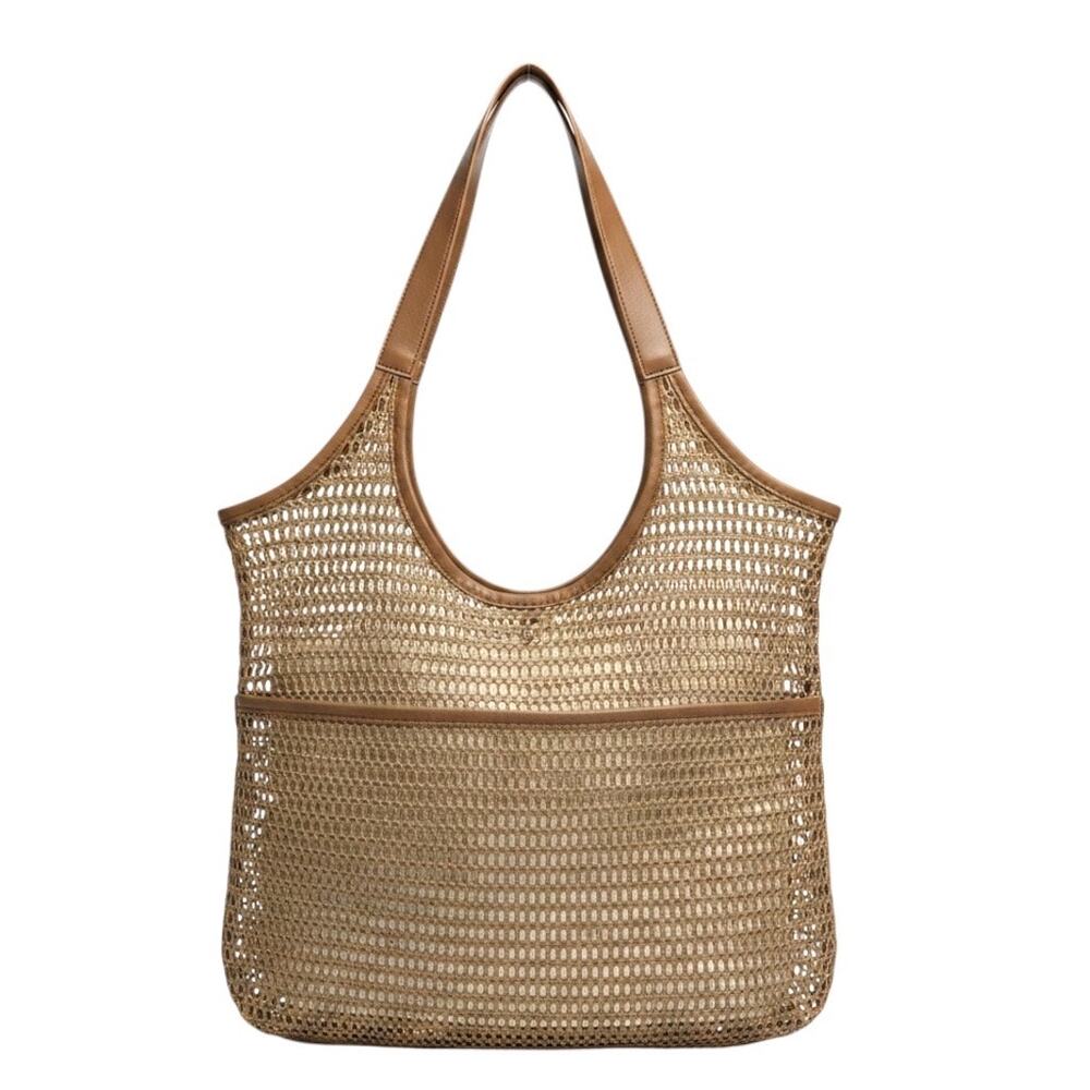 Missnine Mesh Beach Tote Bag Tan Net Shoulder Bag Foldable Faux Leather Trim NEW